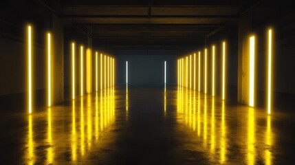Poster - Neon-lit corridor with reflective floor and dark backdrop