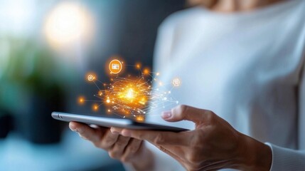 Wall Mural - hands of a person interacting with a glowing futuristic mobile smartphone interface against a blurre