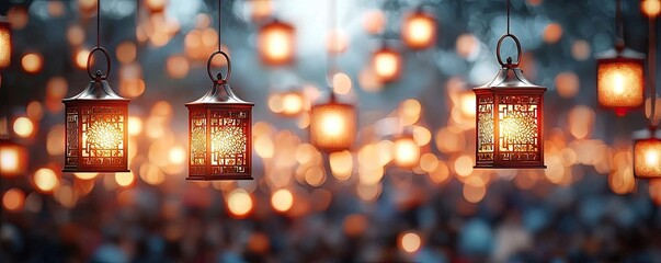 Aufkleber - Chinese lanterns idea. Beautiful hanging lanterns glowing softly in a vibrant evening ambiance.