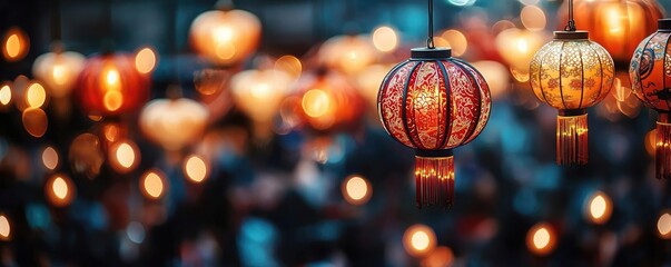 Poster - Chinese lanterns idea. Vibrant lanterns illuminating a festive atmosphere with warm glowing lights.