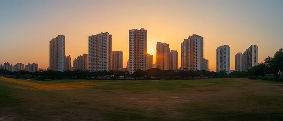 Wall Mural - Sunset cityscape view of modern high rise buildings