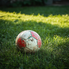 worn soccer ball on grass