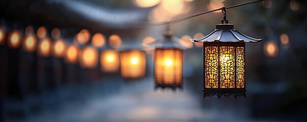 Poster - Chinese lanterns idea. Beautifully lit lanterns create a warm ambiance in a serene evening setting.