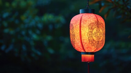 Poster - Chinese lanterns idea. A vibrant red lantern shining in the evening dusk, symbolizing tradition and warmth.