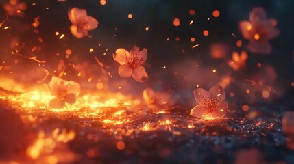 Aufkleber - Blossoms Floating Above Glowing Lava in a Fiery Landscape