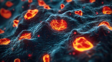 Poster - Cancer cells idea. Close-up view of vibrant cells with glowing details showcasing intricate structures.