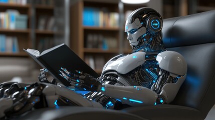 Poster - Futuristic robot reading in cozy library background