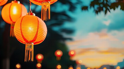 Poster - Chinese lanterns idea. Beautiful illuminated lanterns glowing in the twilight, creating a serene evening ambiance.