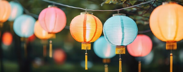 Poster - Chinese lanterns idea. Colorful lanterns illuminate a festive atmosphere in a serene outdoor setting.