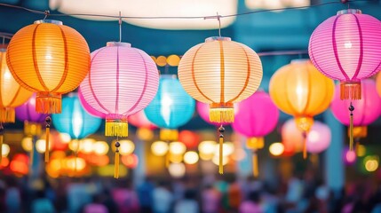 Aufkleber - Chinese lanterns idea. Brightly colored lanterns illuminated at a festive evening market.