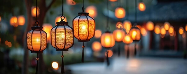 Poster - Chinese lanterns idea. Beautiful lanterns glowing softly in an enchanting outdoor setting at dusk.