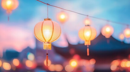 Poster - Chinese lanterns idea. Beautiful lanterns glowing against a colorful twilight sky, creating a festive atmosphere.