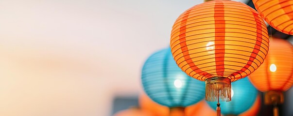 Aufkleber - Chinese lanterns idea. Colorful lanterns hanging against a soft evening sky, creating a festive atmosphere.
