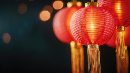 Poster - Chinese lanterns idea. Colorful red lanterns glowing beautifully in a festive setting with blurred background.