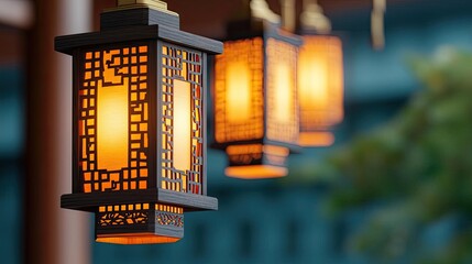 Poster - Chinese lanterns idea. Ornate lanterns illuminate a serene evening, showcasing traditional craftsmanship.