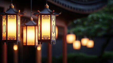 Poster - Chinese lanterns idea. Illuminated lanterns create a warm ambiance in a serene outdoor setting at night.