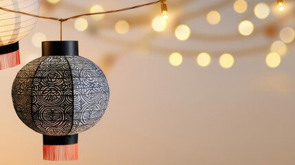 Poster - Chinese lanterns idea. A beautifully crafted lantern with intricate designs, glowing softly in a festive ambiance.
