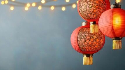 Poster - Chinese lanterns idea. Colorful red lanterns hang beautifully against a soft blue backdrop with warm lights.