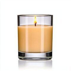 Wall Mural - a photostock of a glowing candle in a glass holder, isolated on a clean white background, warm and s