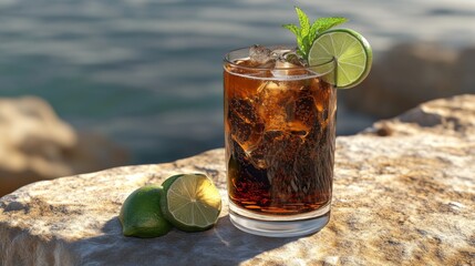 Poster - Refreshing Dark Beverage with Lime and Mint on Natural Stone Surface