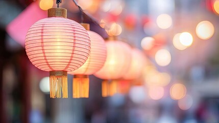 Aufkleber - Chinese lanterns idea. A beautiful display of glowing lanterns illuminating a vibrant city street at dusk.