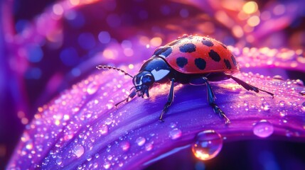 Poster - Colorful Ladybug on a Leaf with Raindrops in Soft Focus Background