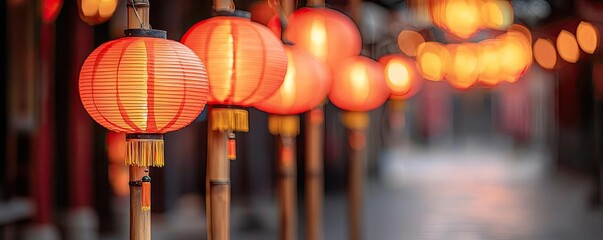 Poster - Chinese lanterns idea. A vibrant display of traditional lanterns illuminating a serene pathway at night.
