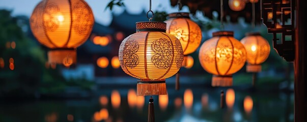 Aufkleber - Chinese lanterns idea. Beautiful illuminated lanterns cast a warm glow over a serene water backdrop.