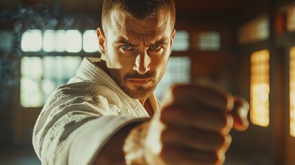 Wall Mural - A man in a white uniform is punching a bag