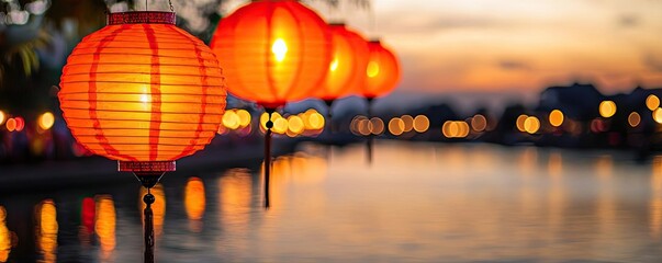 Poster - Chinese lanterns idea. Vibrant Chinese lanterns illuminating a serene river during sunset.
