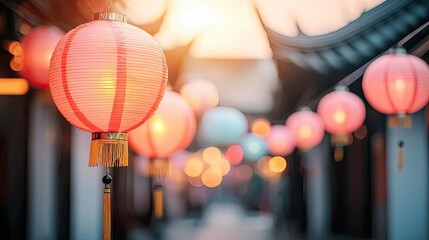 Aufkleber - Chinese lanterns idea. Colorful lanterns hanging in a traditional street during sunset, creating a magical atmosphere.