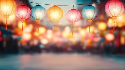 Aufkleber - Chinese lanterns idea. Colorful lanterns illuminate a vibrant street, creating a festive atmosphere.