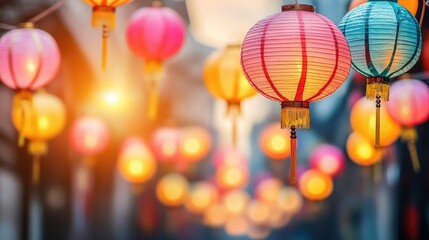 Poster - Chinese lanterns idea. Colorful lanterns illuminate a vibrant street, creating a festive atmosphere.