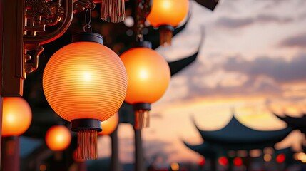 Poster - Chinese lanterns idea. Traditional lanterns illuminate a tranquil evening scene in a serene environment.