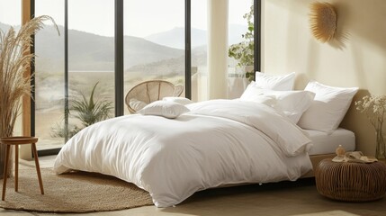 Poster - Cozy bedroom with natural light and minimalist decor in serene setting