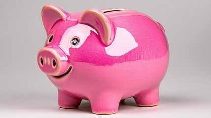 A photostock of a pink ceramic piggy bank isolated on a clean white background, symbolizing savings and finance, High Quality