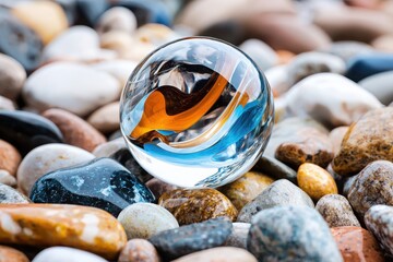 Poster - Captivating closeup of a swirling glass marble on colorful pebbles macro photography natural setting artistic perspective