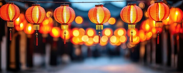 Poster - Chinese lanterns idea. Vibrant red lanterns illuminating a festive street during a cultural celebration.