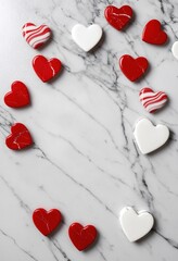 Wall Mural - Red and white hearts on marble background