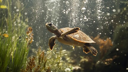 Poster - Graceful Sea Turtle Swimming Through Vibrant Underwater Environment