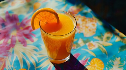 Poster - Refreshing Orange Juice Cocktail on Tropical Background Table