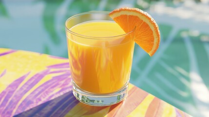 Poster - Refreshing Citrus Juice with Orange Slice on Colorful Tabletop