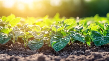 Green Bean Plants Growing in Soil Under Warm Sunlight