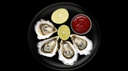 Wall Mural - Fresh Oysters Served on Black Plate with Lime and Sauce