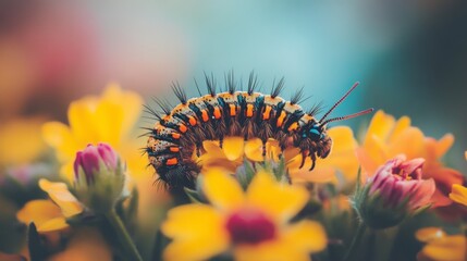 Poster - Colorful Caterpillar Crawling Among Bright Flowers in Nature