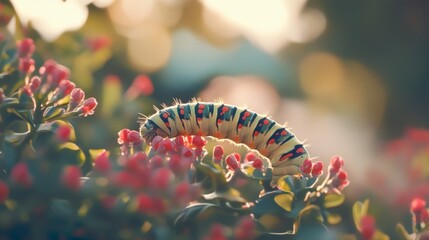 Poster - Colorful Caterpillar Crawling on Vibrant Pink Flower Buds
