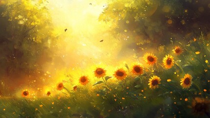 Poster - Bright Sunflower Field Under Golden Sunrise with Soft Light Rays
