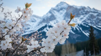 Poster - Blossom Branch in Front of Majestic Snow-Capped Mountain Landscape