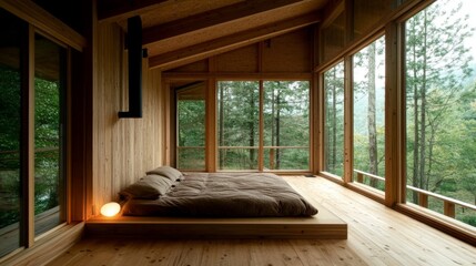Poster - Cozy Minimalist Bedroom with Natural Light and Scenic View