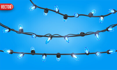 Wall Mural - festive christmas blue string lights brightly glowing. realistic 3d new year decorations garland iso